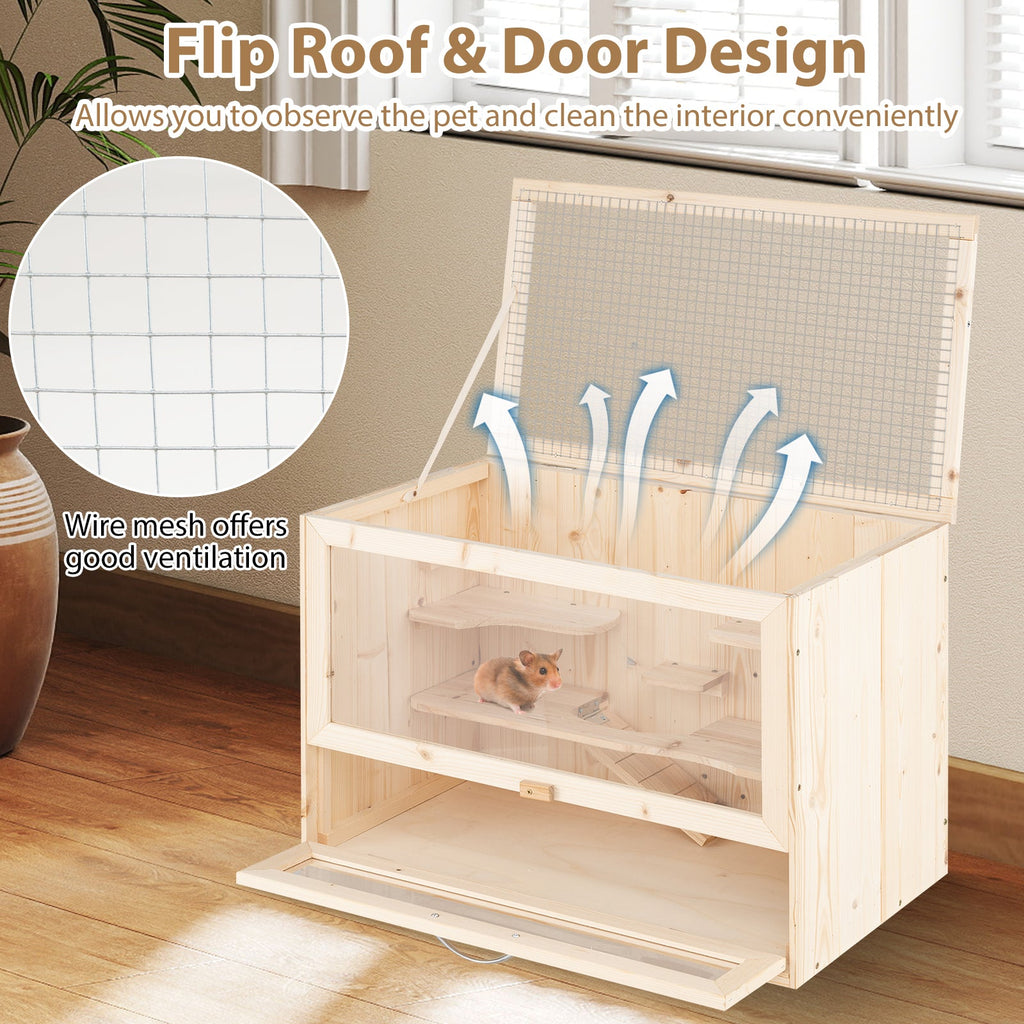 Wooden Hamster Cage with Mesh Flip Roof-Natural