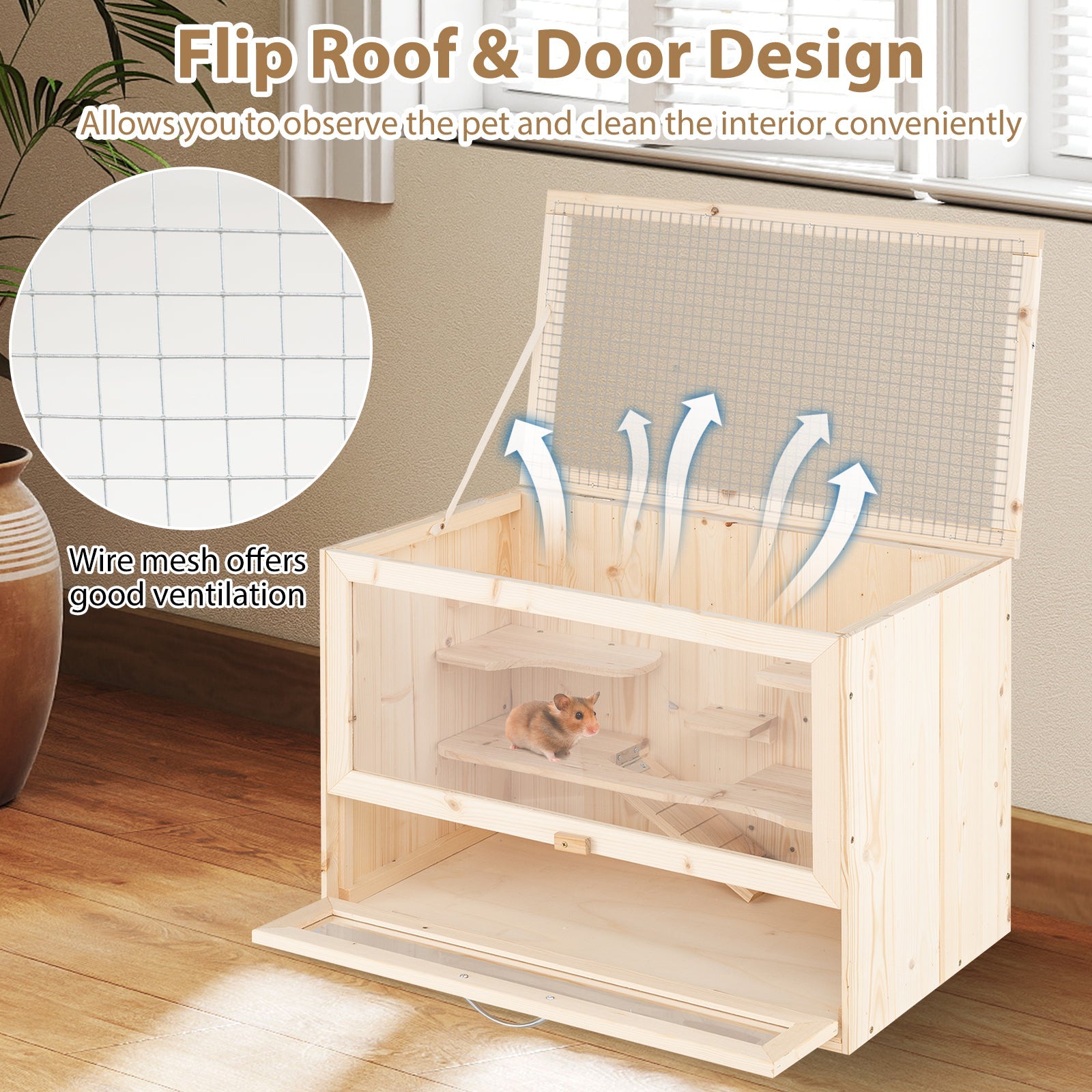 Wooden Hamster Cage with Mesh Flip Roof-Natural