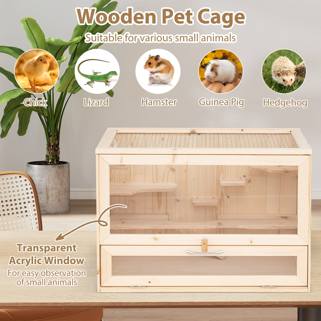 Wooden Hamster Cage with Mesh Flip Roof-Natural