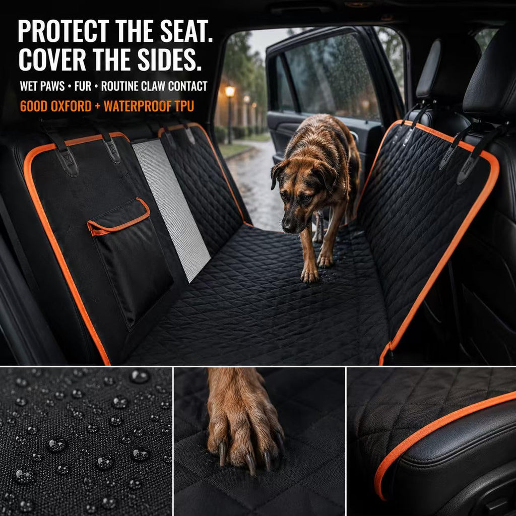 Dog Car Seat Cover For Back Seat,  Waterproof Hammock For Cars And SUVs Scratch-Resistant, Non-Slip Design With Mesh Window, Side Flaps And Storage Pocket, Black