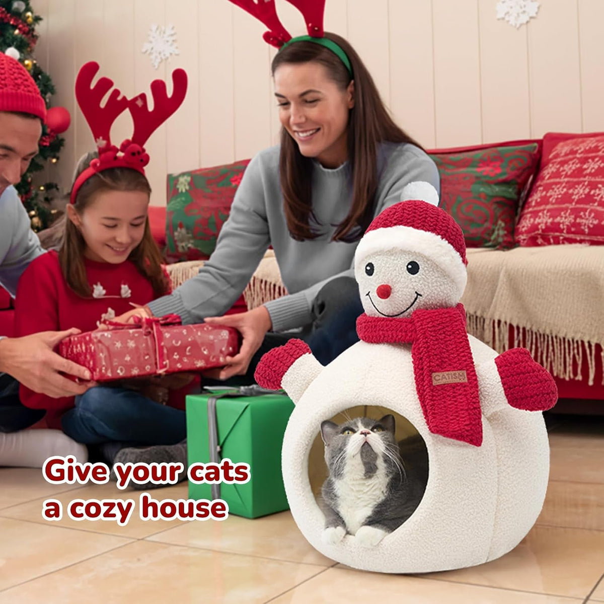 Christmas Snowman Cat Cave Bed – Cozy Indoor Pet Hideaway