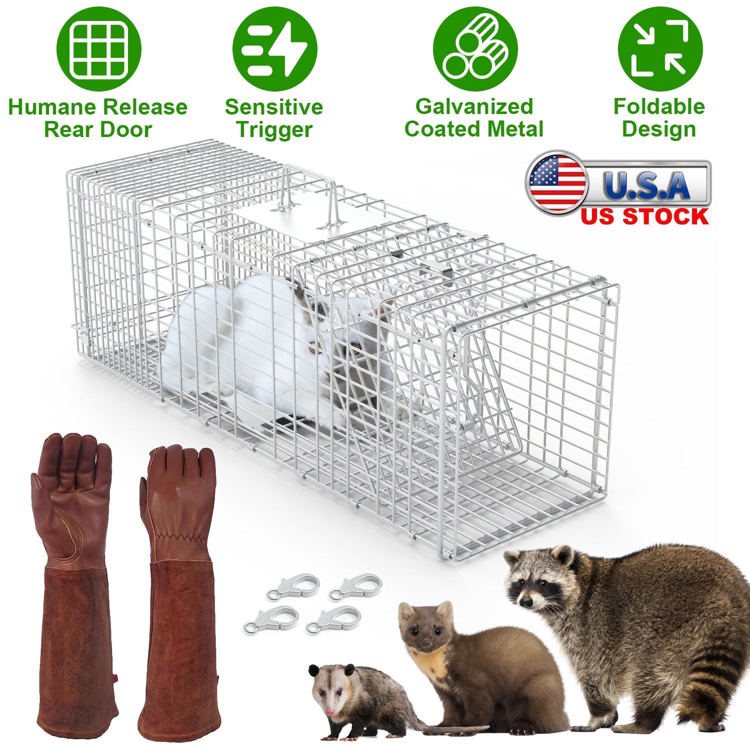 Humane Cat Trap Cage With Gloves Catch Release Live Animal Rodent Cage Collapsible Galvanized Wire for Raccoons Beavers Groundhogs Foxes Armadillos