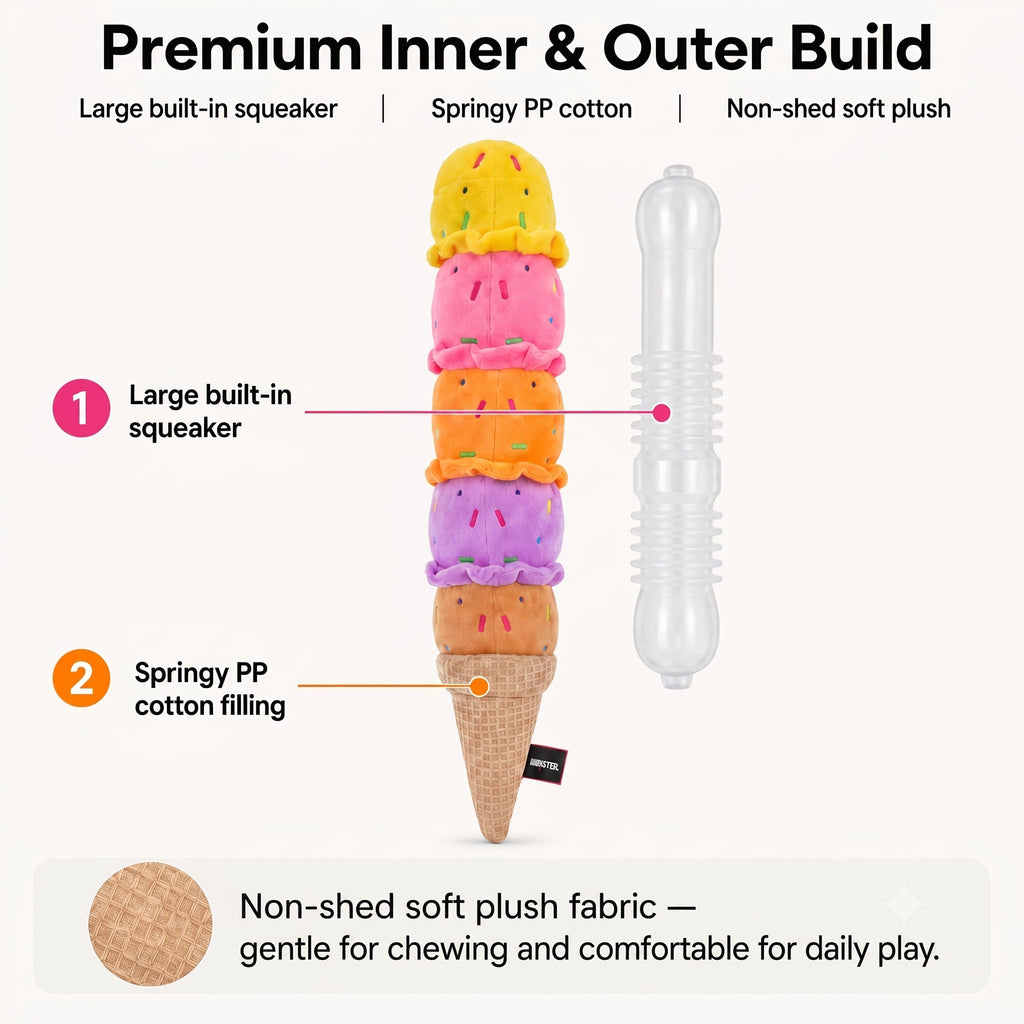Squeaky Dog Plush Chew Toy, Interactive Tug Squeaky Toy For Chewers, Medium & Large Dogs & Fetch Play, 17.7 In Stuffed Rainbow Ice Cream Toy With Soft Short Plush For Gentle Gum Care & Boredom Relief