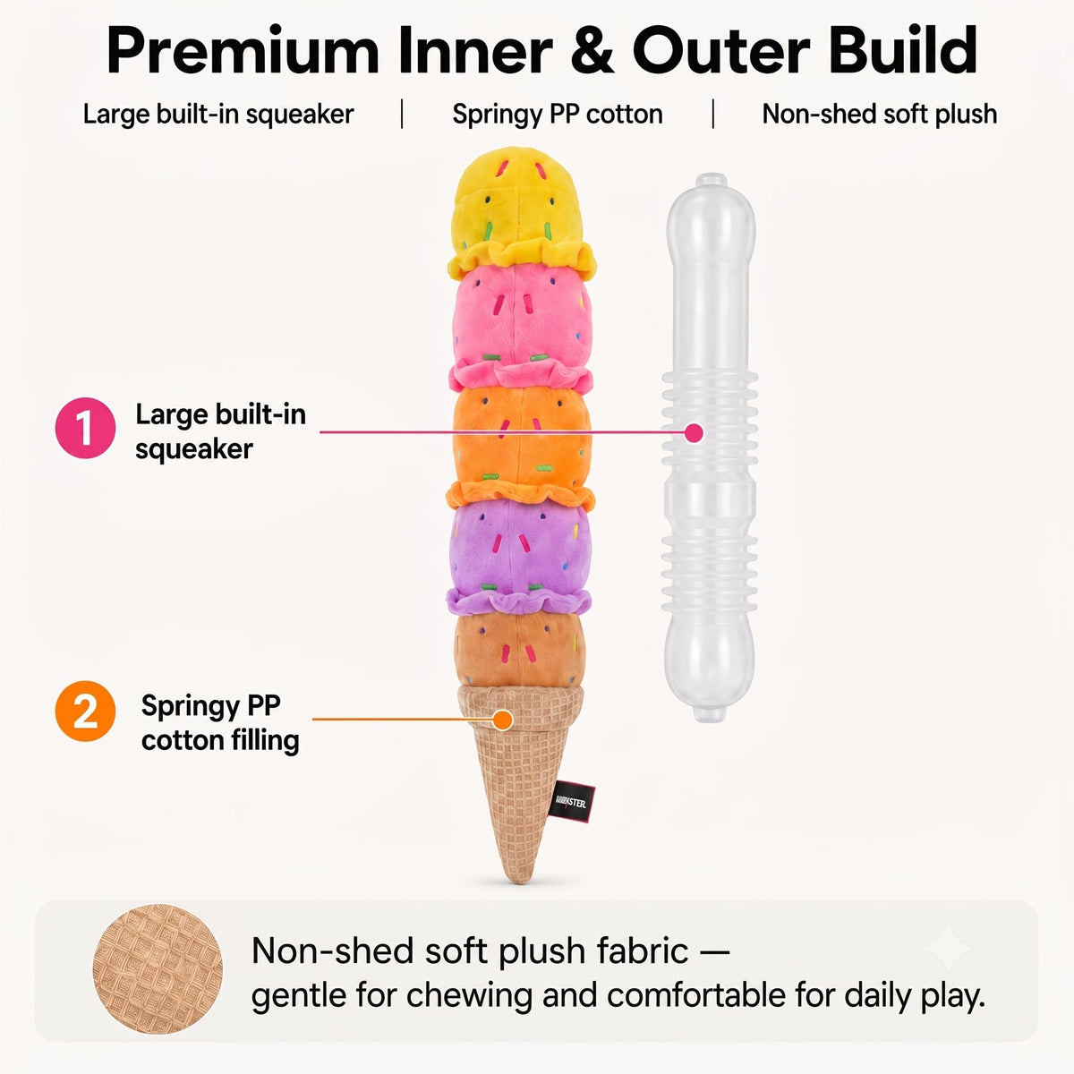 Squeaky Dog Plush Chew Toy, Interactive Tug Squeaky Toy For Chewers, Medium & Large Dogs & Fetch Play, 17.7 In Stuffed Rainbow Ice Cream Toy With Soft Short Plush For Gentle Gum Care & Boredom Relief