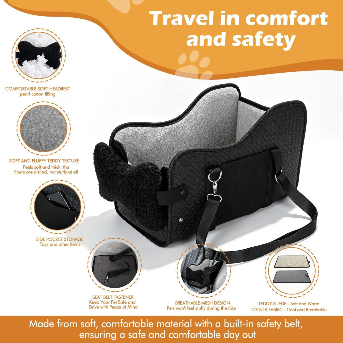 Center Console Dog Car Seat For Small Dogs, Dog Booster Seat To 15lbs Portable Puppy Car Seat With Adjustable Straps, Storage Pocket, Anti-Collapse, Washable Reversible Seat Cushion Black