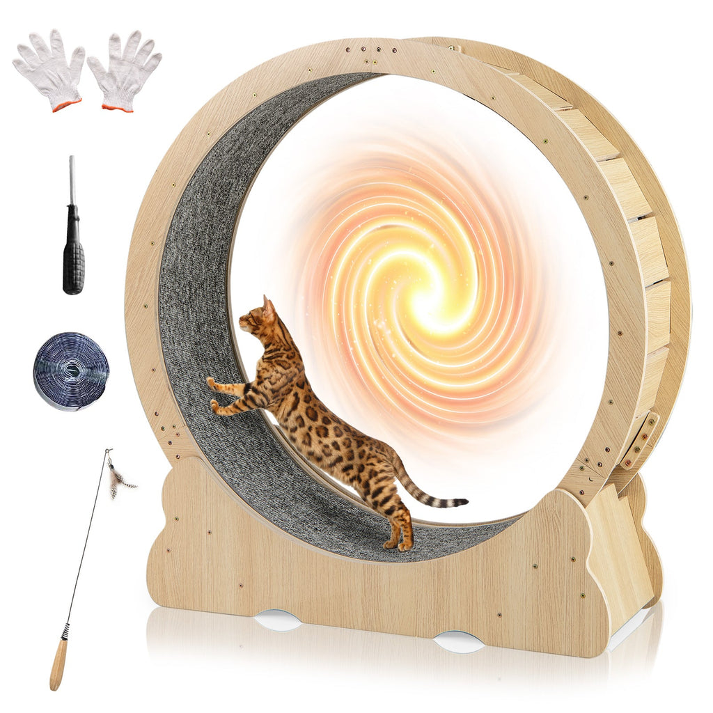 40 Inch Large Cat Exercise Wheel with Lockable Mechanism and Carpeted Runaway for Indoor Cats-Natural