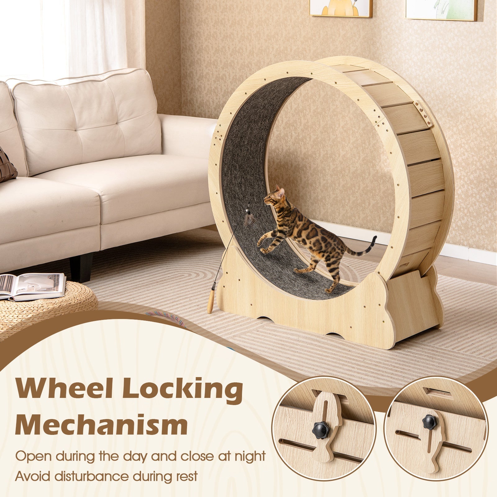 40 Inch Large Cat Exercise Wheel with Lockable Mechanism and Carpeted Runaway for Indoor Cats-Natural
