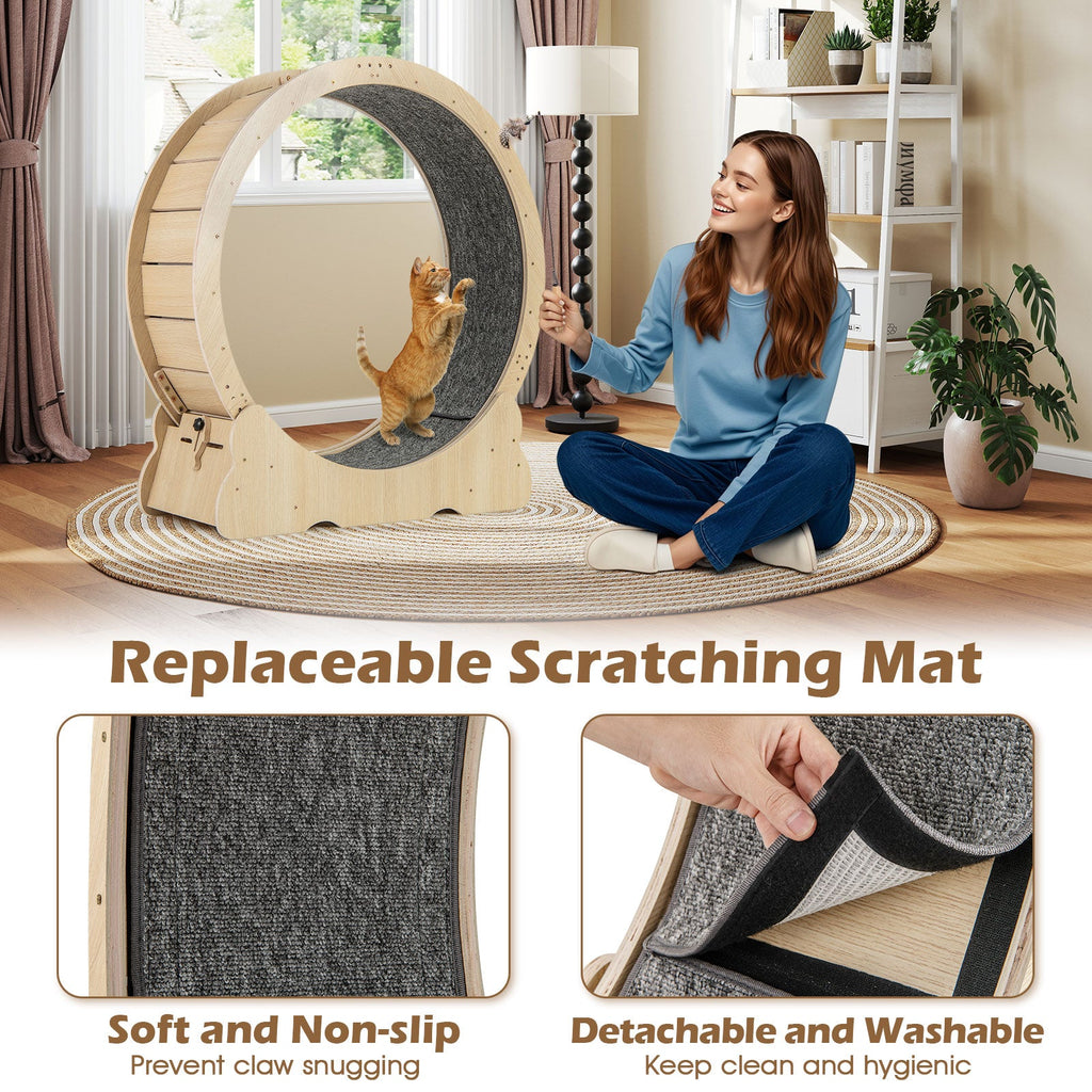 40 Inch Large Cat Exercise Wheel with Lockable Mechanism and Carpeted Runaway for Indoor Cats-Natural