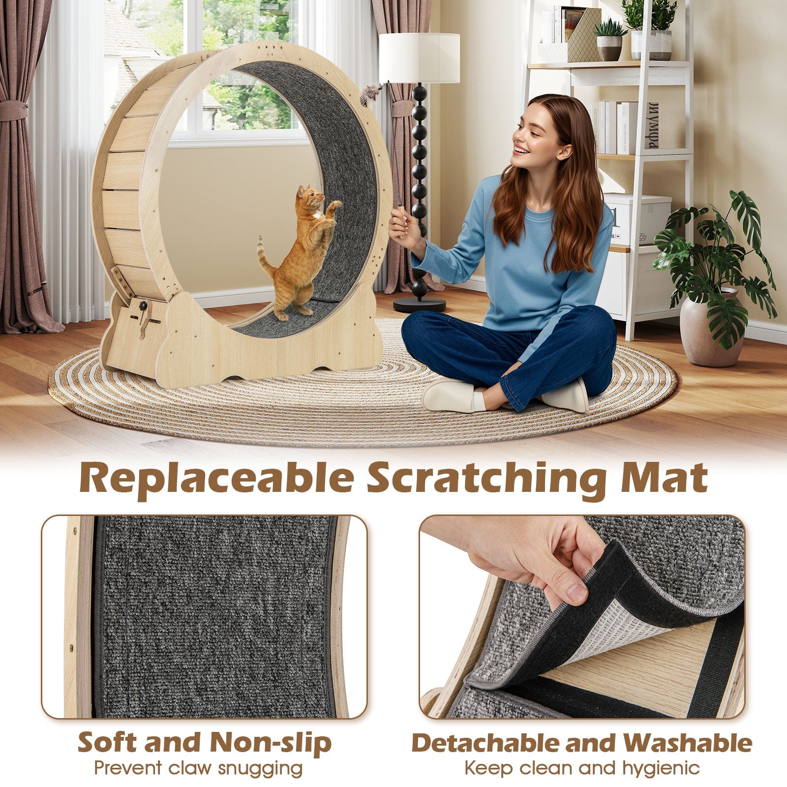 40 Inch Large Cat Exercise Wheel with Lockable Mechanism and Carpeted Runaway for Indoor Cats-Natural