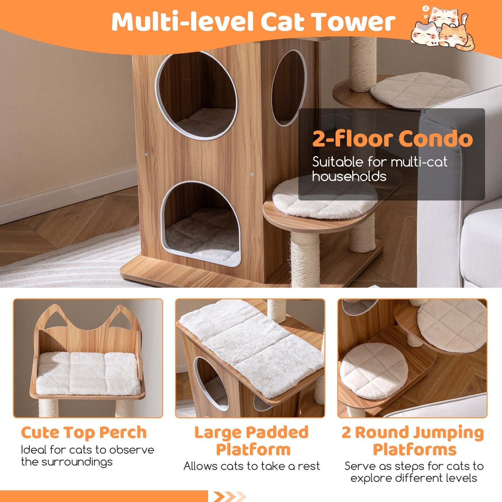 48 Inch Wooden Cat Tree with 2-Floor Condo and Washable Cushions-Natural