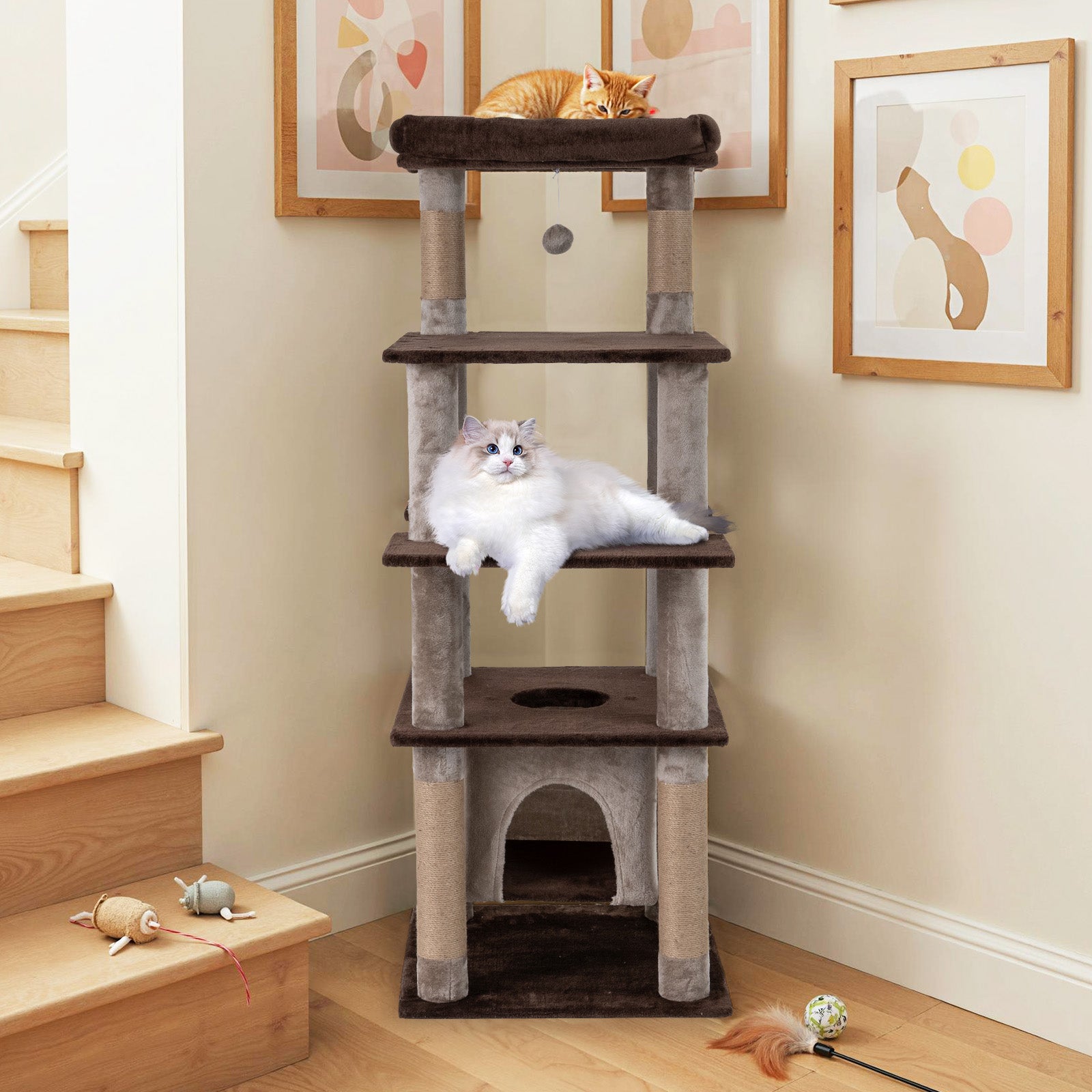 58 Inch Large Multi-level Cat Tree with Swaying Aerial Condo and Plush Perch Bed