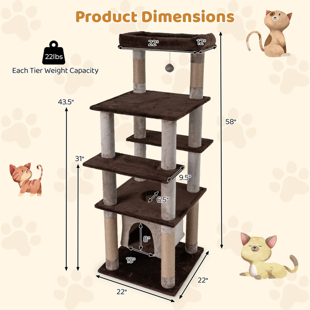 58 Inch Large Multi-level Cat Tree with Swaying Aerial Condo and Plush Perch Bed
