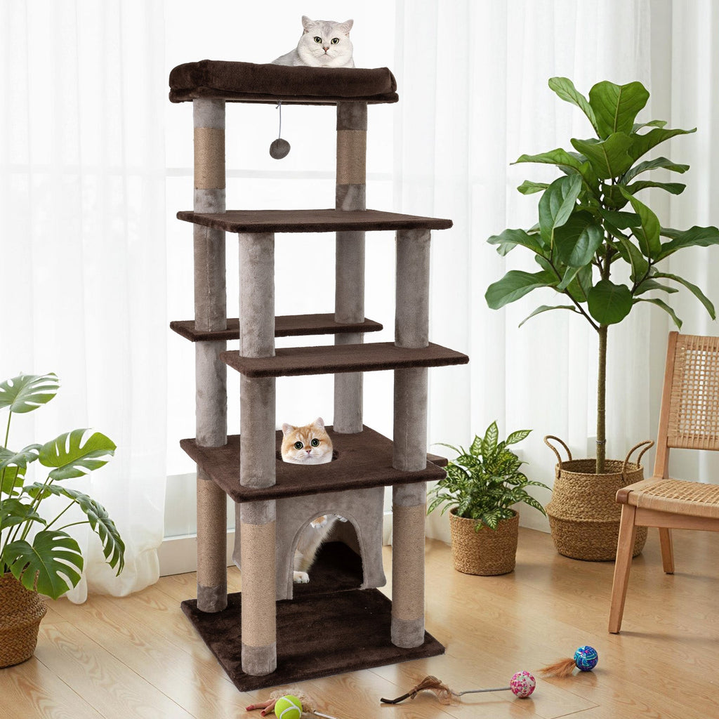 58 Inch Large Multi-level Cat Tree with Swaying Aerial Condo and Plush Perch Bed