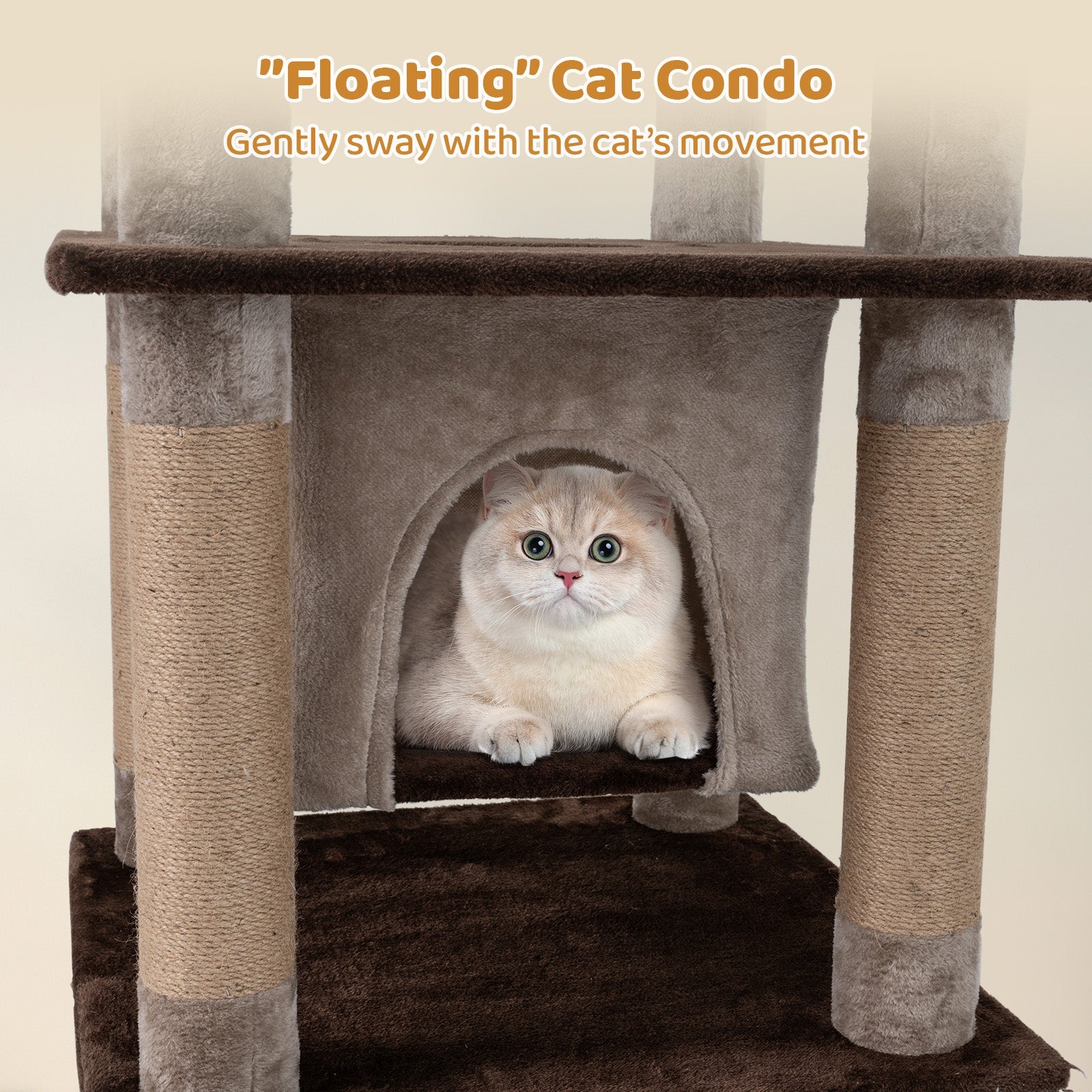 58 Inch Large Multi-level Cat Tree with Swaying Aerial Condo and Plush Perch Bed